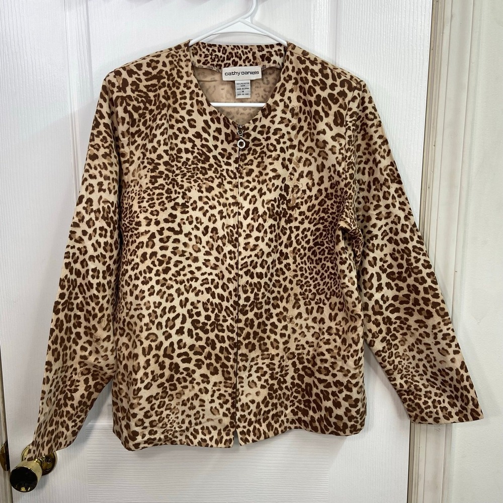 Vintage Cathy Daniels faux suede tan leopard animal print full zip jacket casual